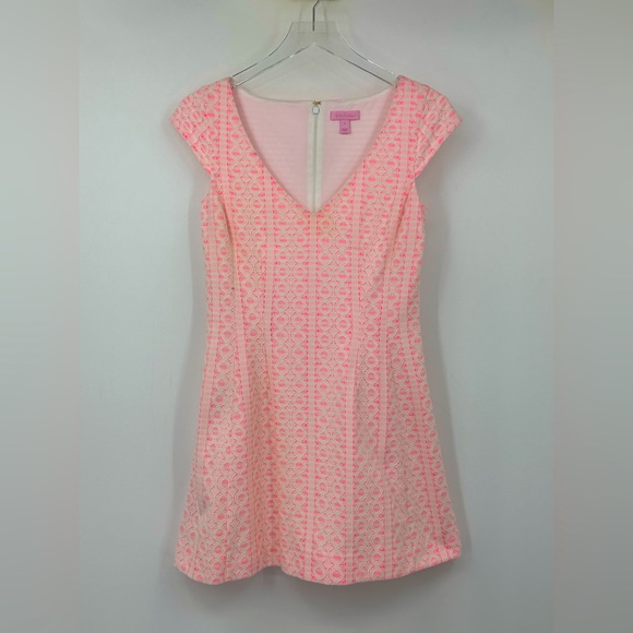 Lilly Pulitzer Dresses & Skirts - Lilly Pulitzer Pink White Lace Fit & Flare Dress V Neck Size Small